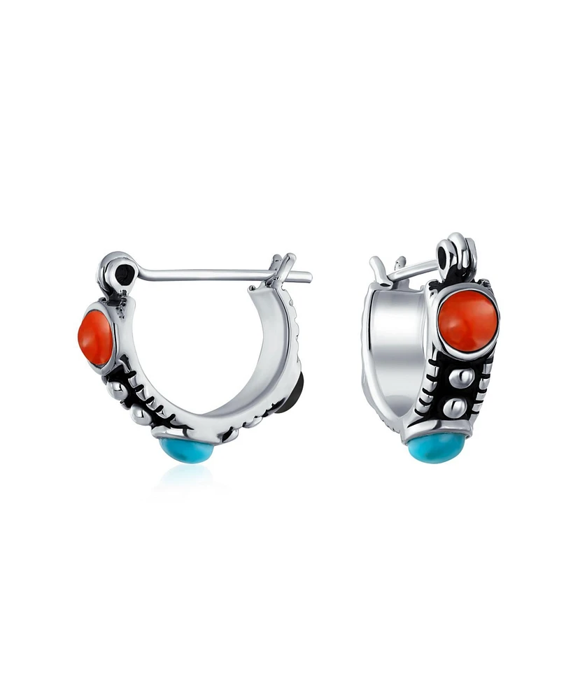 Bling Jewelry Western Boho Multi Color Black Red Blue Natural Turquoise Carnelian Onyx Bead Small Huggie Hoop Earrings .925 Sterling Silver