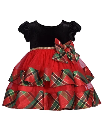 Bonnie Baby Girls Short Sleeved Stretch Velvet to Tiered Dress