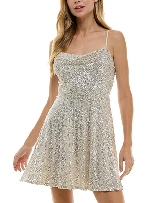 City Studios Women's Sequin & Pearl Cowlneck Dress