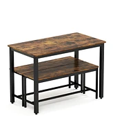 Slickblue Dining Table Set – Industrial Style Bar Table with 2 Benches and Chairs, Rustic Brown and Black