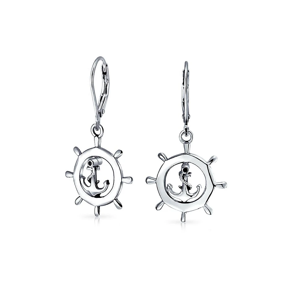 Bling Jewelry Tropical Beach Vacation Honeymoon Simple Nautical Boat Ship Wheel Anchor Lever Back Dangle Earrings For Women .925 Sterling Silver