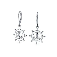 Bling Jewelry Tropical Beach Vacation Honeymoon Simple Nautical Boat Ship Wheel Anchor Lever Back Dangle Earrings For Women .925 Sterling Silver