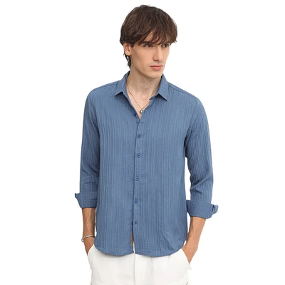 Campus Sutra Men's Lapis Blue Self-Design Striped Shirt