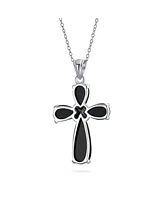 Bling Jewelry Timeless Fashion Cabochons Natural Black Onyx Cross Pendant Necklace For Women .925 Sterling Silver With Chain