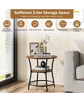 Gymax 2-Tier Side Table Compact Round Metal Frame Coffee Table w/ Open Shelf Brown