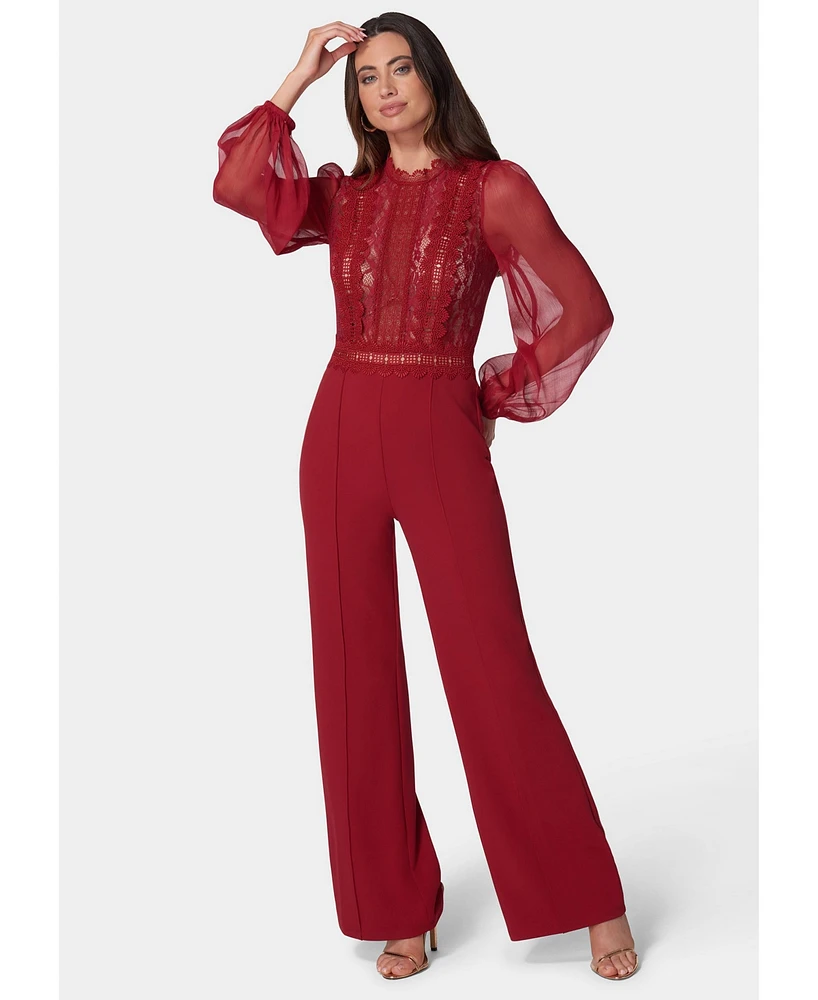 Bebe Women's Lace Top Straight Leg Jumpsuit Red