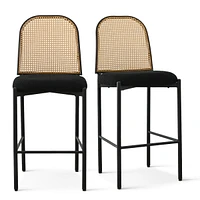 Set Of 2 Upholstered Boucle Counter Stool With Rattan Back Cane-Maison Boucle