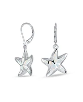 Bling Jewelry Iridescent White Created Opal Inlay Nautical Vacation Honeymoon Ocean Marine Life Starfish Dangle Drop Lever back Earrings For Women .92