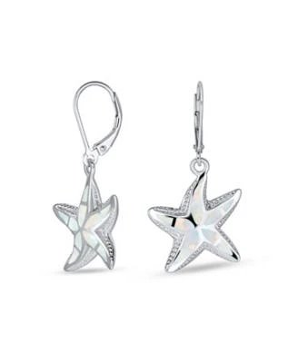 Bling Jewelry Iridescent White Created Opal Inlay Nautical Vacation Honeymoon Ocean Marine Life Starfish Dangle Drop Lever Back Earrings For Women .925 Sterling Silver