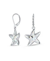 Bling Jewelry Iridescent White Created Opal Inlay Nautical Vacation Honeymoon Ocean Marine Life Starfish Dangle Drop Lever Back Earrings For Women .925 Sterling Silver