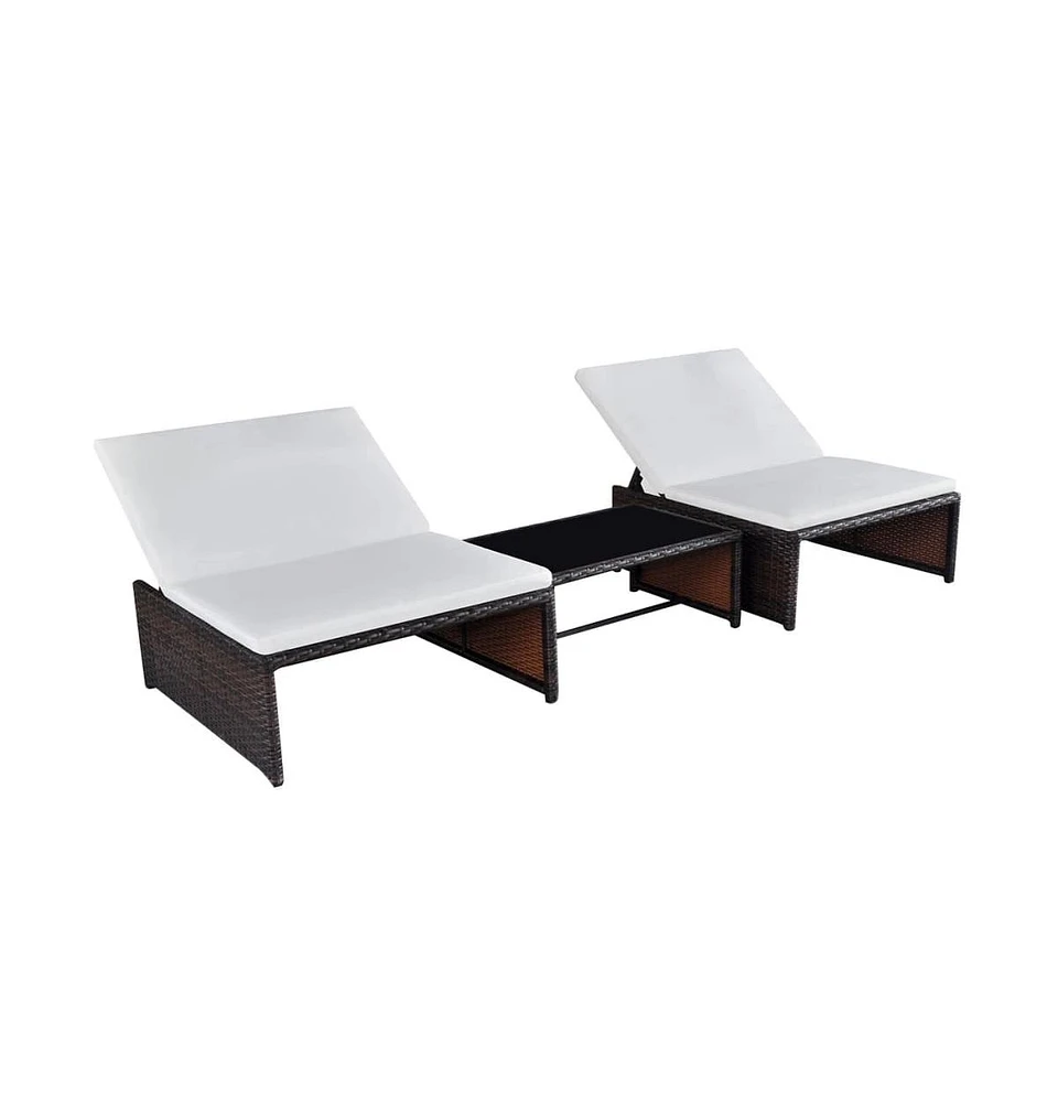 vidaXL Reclining Patio Chairs 2 pcs with Table Brown Poly Rattan