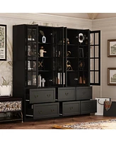 Famapy White 12-Shelf Bookcase Storage Cabinet with Tempered Glass Doors, 6-Drawers