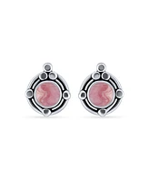 Bling Jewelry Bezel Set Natural Pink Rhodochrosite Ornate Round Stud Earrings For Women .925 Sterling Silver