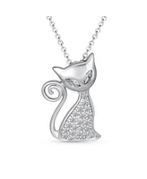 Bling Jewelry Charming Bff Sitting Curly Tail Kitty Cat Pendant Necklace: Cubic Zirconia Pave Cz Pet Kitten Jewelry for Women in .925 Sterling Silver