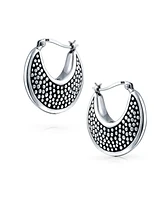 Bling Jewelry Bali Boho Hollow Lightweight Crescent Moon Shaped Caviar Medium Large Tribal Hoop Earrings For Women Western Jewelry Oxidized Black .925