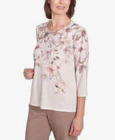 Alfred Dunner Women's Telluride Falling Floral Lace Crew Neck Top