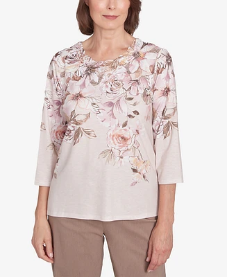 Alfred Dunner Women's Telluride Falling Floral Lace Crew Neck Top