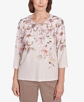 Alfred Dunner Women's Telluride Falling Floral Lace Crew Neck Top