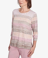 Alfred Dunner Women's Telluride Stripe Patchwork Pleated Crew Neck Top