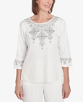 Alfred Dunner Women's Copenhagen Medallion Collar Embroidery Solid Top