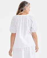 Style & Co Women's Cotton Split-Neck Short-Sleeeve Eyelet Top, Exclusively at Macy's