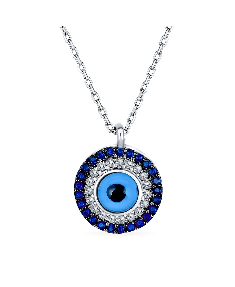 Bling Jewelry Turkish Blue Pave Cz Spiritual Protection Amulet Evil Eye Round Circle Pendant Station Necklace For Women .925 Sterling Silver