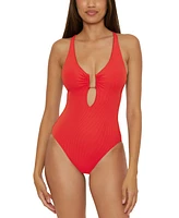 Becca Women's Modern Edge Ribbed Plunge-Neck One-Piece Swimsuit