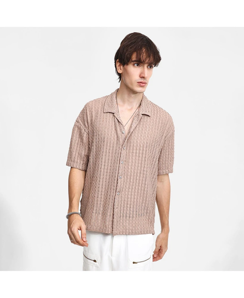 Campus Sutra Men's Peanut Brown Striped Knit Oversized Shirt