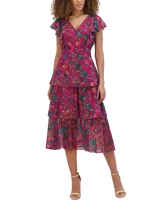 kensie Women's V-Neck Printed Ruffle Dress