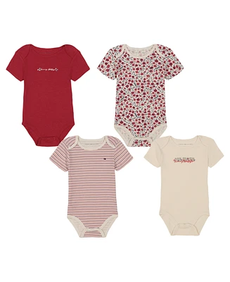 Tommy Hilfiger Baby Girl Floral-Stripe Short Sleeve Bodysuits, 4-Pack