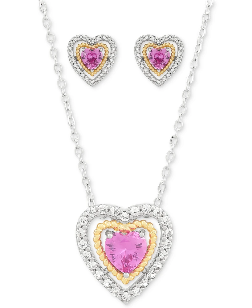 2-Pc. Set Lab Created Pink Sapphire (2 ct. t.w.) & Lab Created White Sapphire (1-1/5 ct. t.w.) Heart Pendant Necklace & Matching Stud Earrings in Ster