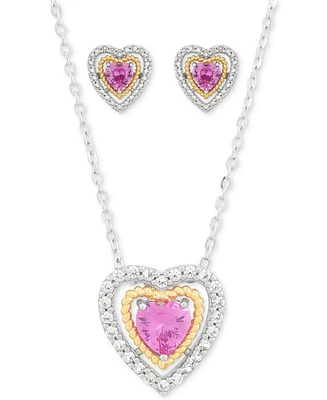 2-Pc. Set Lab Created Pink Sapphire (2 ct. t.w.) & Lab Created White Sapphire (1-1/5 ct. t.w.) Heart Pendant Necklace & Matching Stud Earrings in Ster