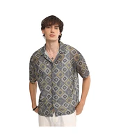 Campus Sutra Men's Lapis Blue & Yellow Ochre Geometric Block Oversized Shirt