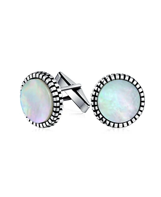 Bling Jewelry Classic Formal Geometric Blackened Pattern Edge Round Circle White Mother Of Pearl Shirt Cufflinks Bullet Hinge .925 Sterling Silver
