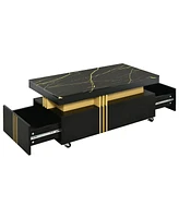 Slickblue Contemporary Coffee Table with Faux Marble Top – Rectangle Cocktail Table on Caster Wheels with Gold Metal Bars for Living Room