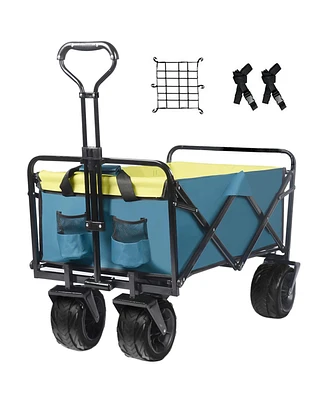 Slickblue Collapsible Heavy-Duty Beach Wagon Cart – Outdoor Folding Utility with Universal Wheels & Adjustable Handle, Green & Blue