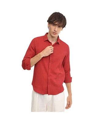 Campus Sutra Men's Cadmium Red Self-Design Striped Shirt