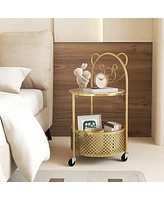 Gymax 2-Tier Mobile Glass Coffee Table w/ Bear Pattern Storage Basket Transparent & Golden