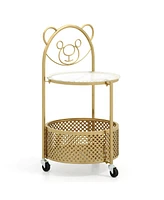 Gymax 2-Tier Mobile Glass Coffee Table w/ Bear Pattern Storage Basket Transparent & Golden