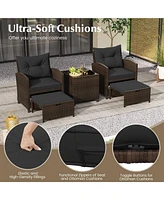 5 Pcs Patio Rattan Furniture with 2 Wicker Ottomans & Tempered Glass Coffee Table