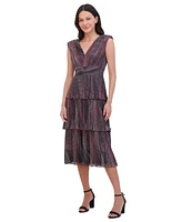 Vince Camuto Women's Crinkled Metallic-Knit Extended-Shoulder Tiered V-Neck Midi Dress