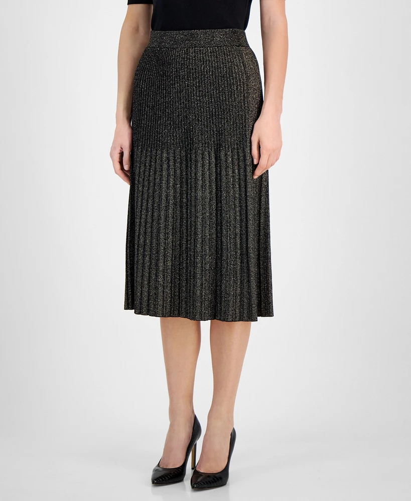 T Tahari Women's Metallic Pleated Pull-On Midi Skirt