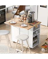 Slickblue Kitchen Island with Power Outlet: Drop Leaf, Rubber Wood Top, Open Storage, Wine Rack & 5 Wheels