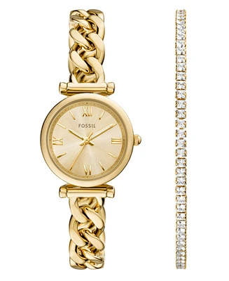 Fossil Women's Carlie Three-Hand Gold-Tone Stainless Steel Watch and Bracelet Set, 28mm