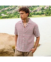 Men's Terracotta Brown & Powder White Chevron-Striped Oversized Shirt