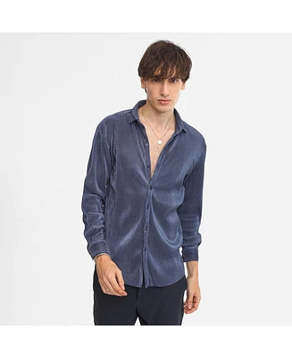 Men's Navy Blue Textured-Pleat Shirt