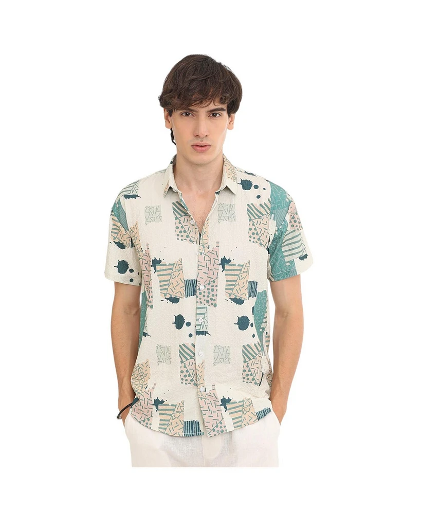 Campus Sutra Men's Forest Green & Bone Beige Abstract Seersucker Shirt