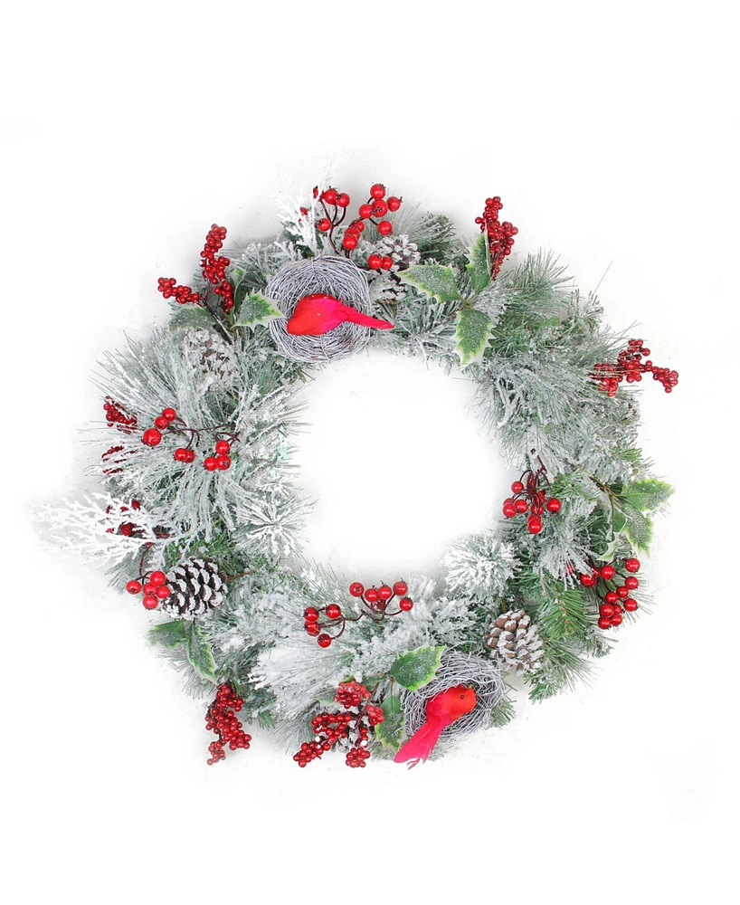 Northlight Berries and Cardinals in Nests Flocked Artificial Christmas Wreath 24 - Inch Unlit