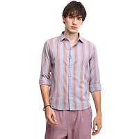 Campus Sutra Men's Icy Blue & Nude Beige Striped Seersucker Shirt