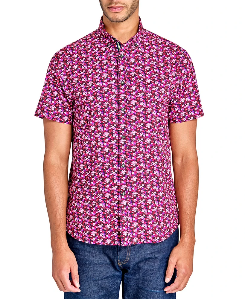 Society of Threads Men's Short Sleeve Button-Front Floral Print Performance Shirt